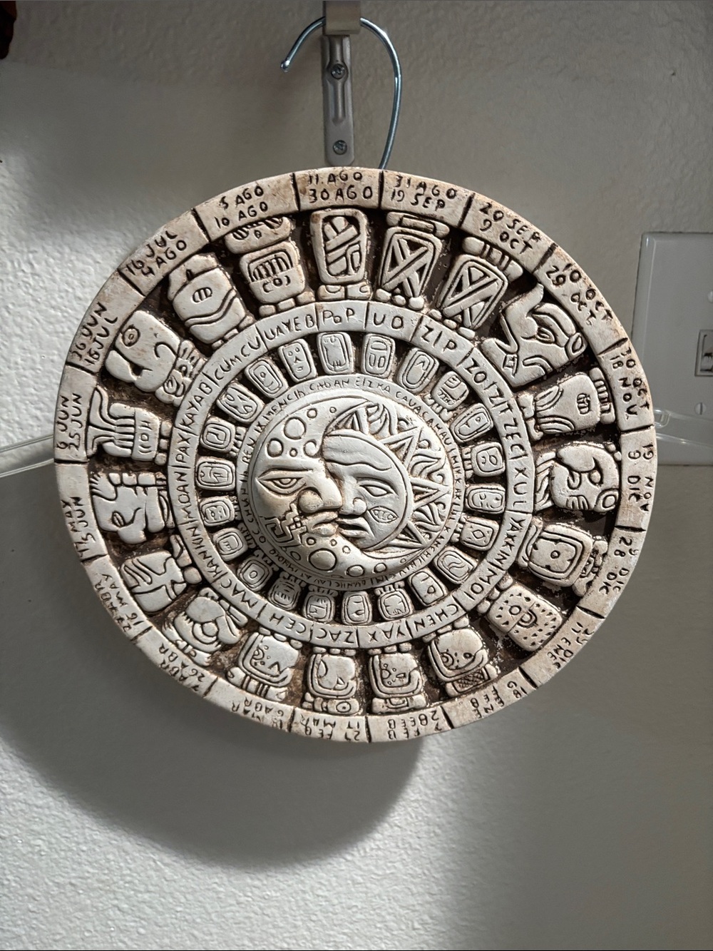 Handcrafted Aztec Sun Calendar Wall Plaque - Cream